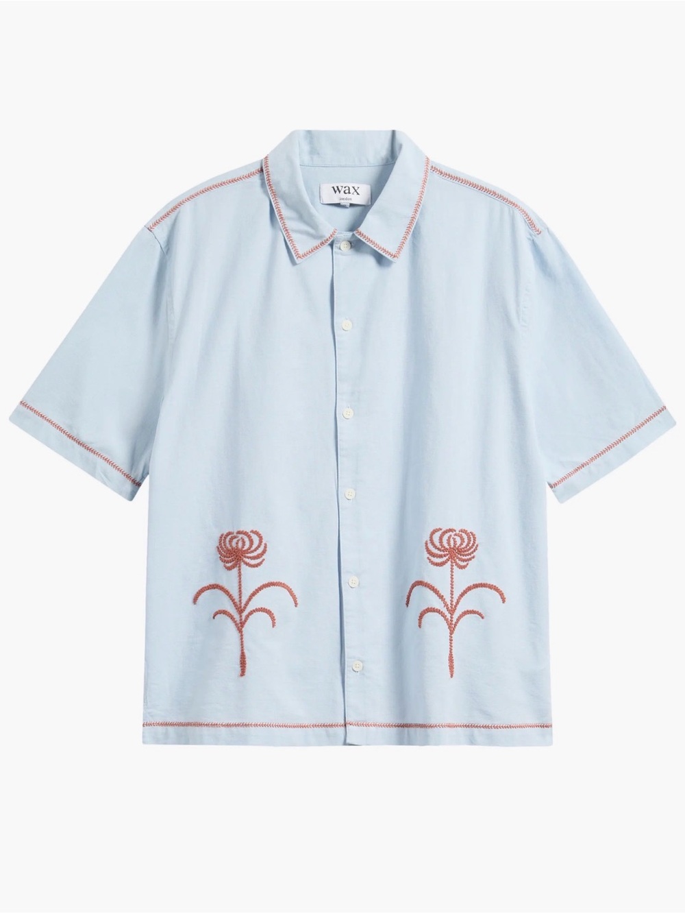 WAX Light Blue Short-Sleeve Button-Down Shirt with Rust Embroidery